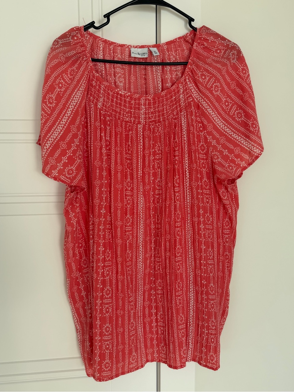 Kim Rogers Curvy Coral / Salmon Pink Abstract Pattern Peasant Blouse Top Size 2X